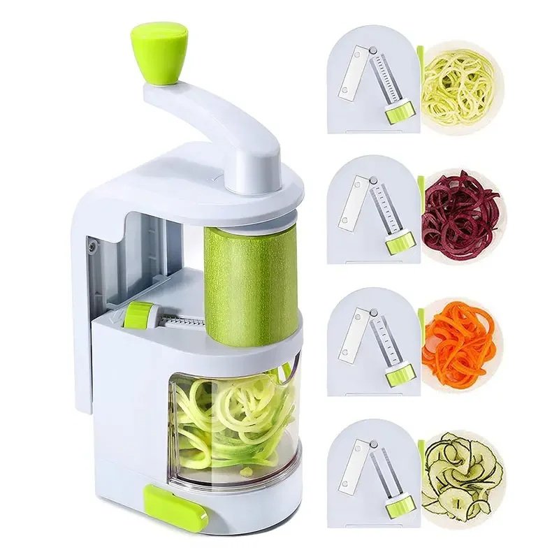 Hand-Crank Rotary Mandoline Slicer & Grater | Safe Suction-Base Vegetable Cutter and Noodle Maker with 4 Interchangeable Blades